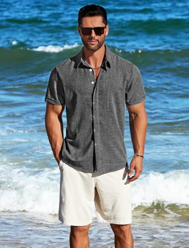 MAPICK Men's Linen Short Sleeve Shirt - Casual Untucked Fit, Dark Grey, Large