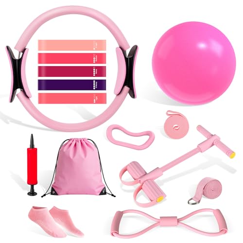 15-Piece Pilates Kit with Resistance Bands, Ring & Ball - Home Workout Equipment for Full Body Toning