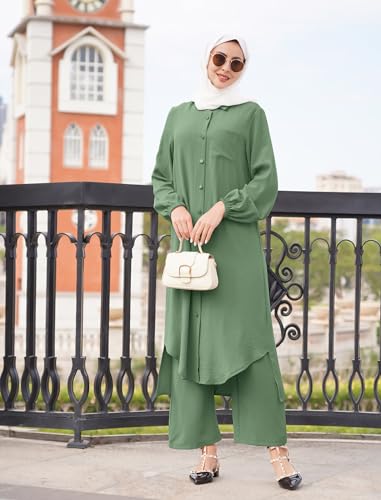 ODIZLI Women's Muslim 2-Piece Abaya Set Sage Green 3XL Long Sleeve Shirt & Pants