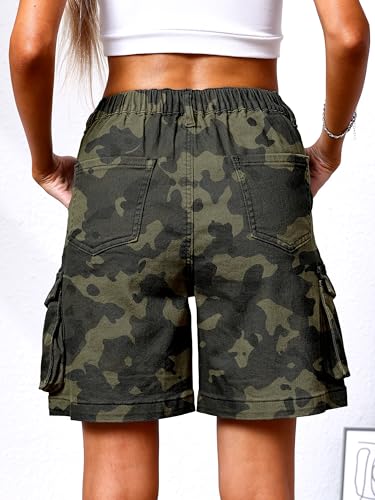 ELLEVEN Women's Camo Bermuda Cargo Shorts High Waist Elastic Hiking | Medium
