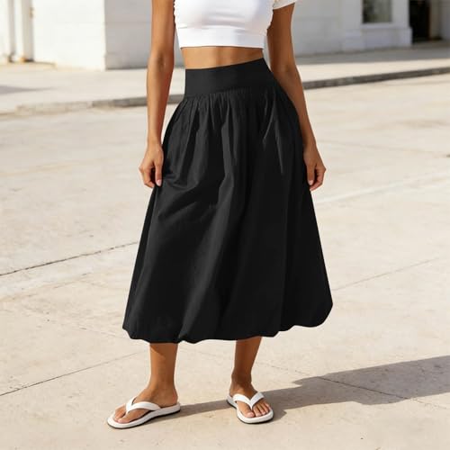 Women's High Waist Bubble Midi Skirt - Black, Small