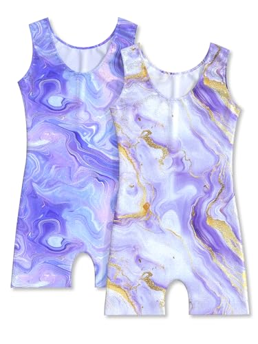 MOLLDAN Girls Gymnastics Leotards 2-Pack for Ages 5-6, Marble Purple & Gold