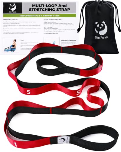 Red Slim Panda Stretching Strap with Oversized Loops for Yoga & Rehab - Non-Elastic Heavy Duty Nylon