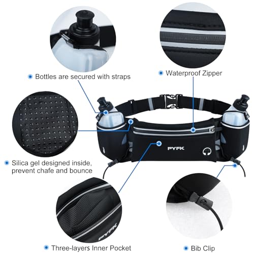 Running Belt with Water Bottles - Black Reflective, Fits 7" Phones