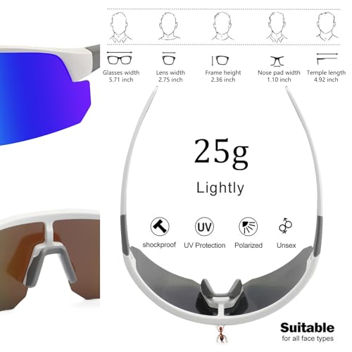 BangLong White Frame Blue Lens Polarized Sports Sunglasses UV400 Protection for Men & Women