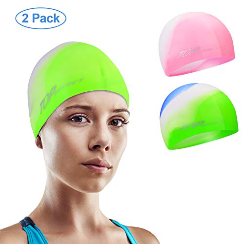 2-Pack Silicone Swim Caps for Kids - Pink & Blue Green