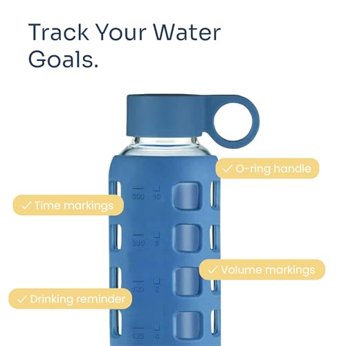 purifyou 12oz Borosilicate Glass Water Bottle with Time & Volume Markers, Silicone Sleeve, Stainless Steel Lid, for Water & Juice – Chinese Porcelain Variant
