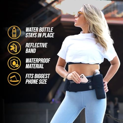 Running Belt with Water Bottle Holder & Extension Band - Black