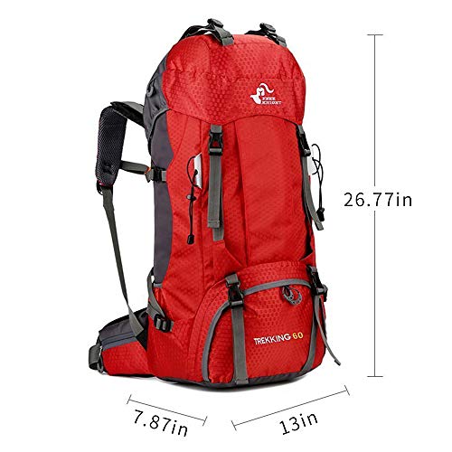 Bseash 60L Waterproof Hiking Backpack with Rain Cover - Red, Large Outdoor Daypack for Camping & Climbing