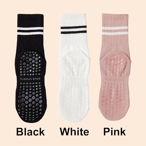 Non-Slip Pilates Socks for Women - 3 Pairs in Black, White, Pink