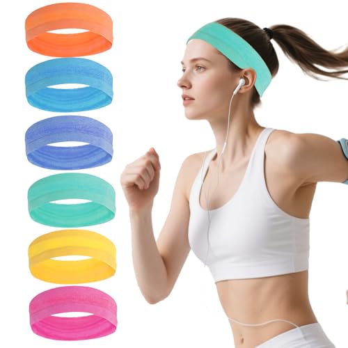 6-Pack Non-Slip Athletic Sweat Headbands - Orange, Magenta, Sky Blue, Purple, Yellow, Light Green