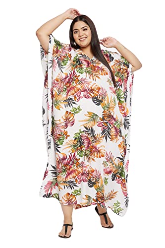White Tropical Leaf Plus Size Caftan Maxi Dress for Women, Beach Cover Up Kimono