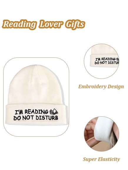 Book Lover Embroidered Beanie Hat - Reading Gift for Bookworms - White