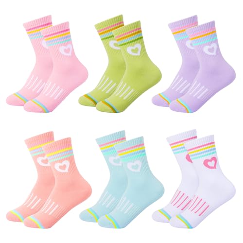 Girls Athletic Crew Socks - 6 Pairs for 9-15 Years, Colorful Set