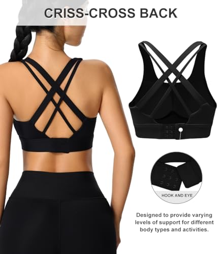 BYAWAY High Impact Sports Bra for Women - Criss-Cross Back, Molded Cups, Medium Black