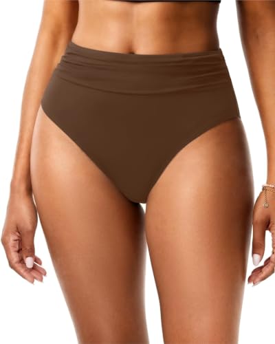 Holipick Women's High Waisted Bikini Bottoms - High Cut Tummy Control Swimwear, Brown, Large