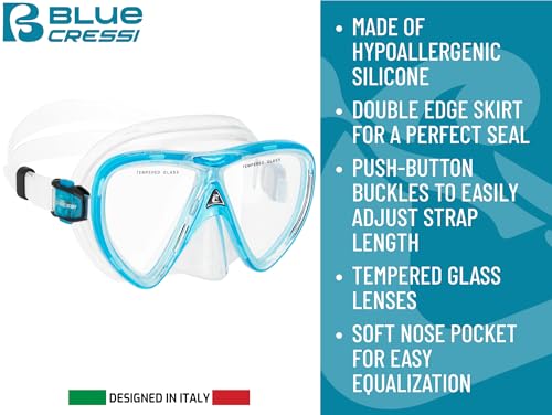 Cressi Adult Snorkeling Kit - Translucent Cobalt/Clear Mask & Dry Snorkel, Italy Design