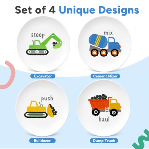 Multicolor Construction Toddler Plates Set of 4 - 10-inch Kids Dinnerware with Mixer Excavator Bulldozer Dump Truck