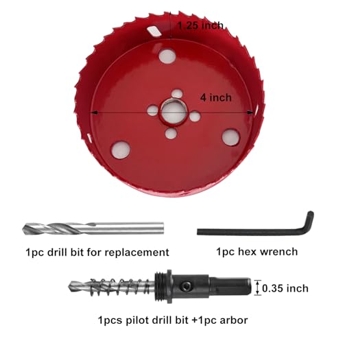 4 Inch Hole Saw with Arbor HSS Hole Saw with Mandrels M42 Bi-Metal Hole Cutter, Drilling Soft Wood, Plywood, Drywall, PVC