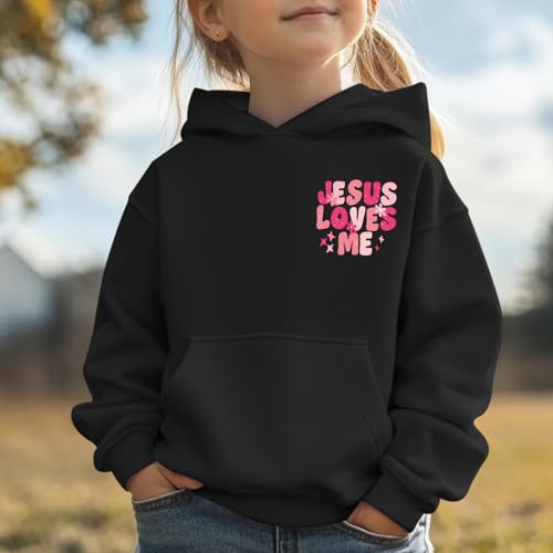 Girl's Christian Graphic Hoodie - God Jesus Loves Me - Black, 5-6 Years