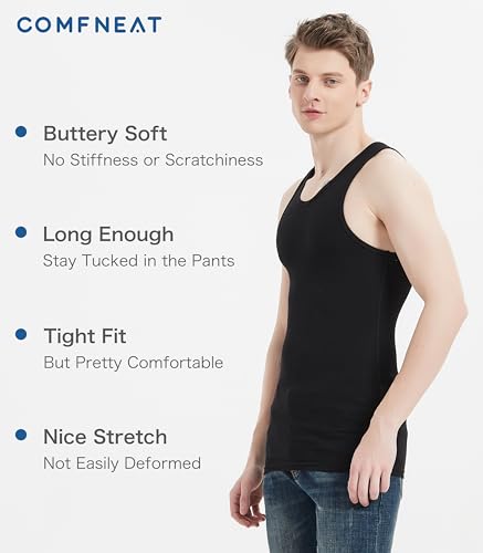 Comfneat Men's 6-Pack Tight Fit Cotton Tank Tops - Large, Black