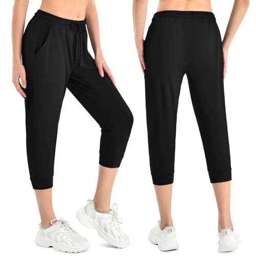 Walifrey Women's Cropped Capri Pants with Pockets - Large Black Joggers
