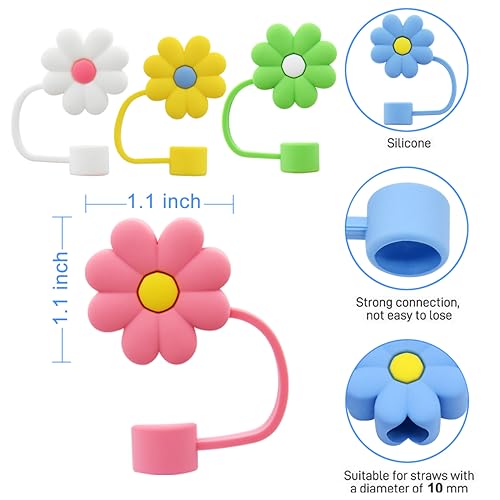 Silicone Straw Cover Caps for Tumblers - 10mm Flower Design, 6 Pack
