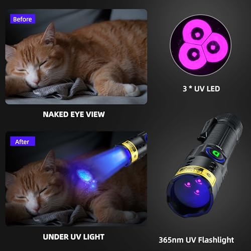 UV Flashlight Black Light 365nm, Mini Powerful 3xLED Ultraviolet Blacklight Rechargeable Woods Lamp, Handheld Pet Urine Detector for Dog/Cat Urine, Stains, Resin Curing, Rocks Finder