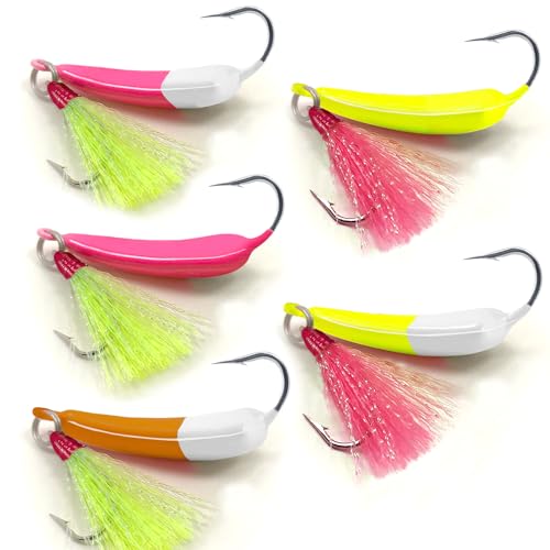 Odoor Fan 5 Pack Saltwater Jig Heads with Teaser Hooks, Mixed Color, 1/2oz