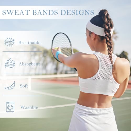 Cotton Terry Sweat Headbands for Men & Women - 4 Pack Black/White/Gray/Blue