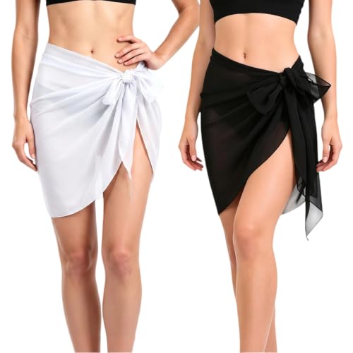 Beach Sarong Wrap Skirt - Lightweight Quick-Drying 2PCS Set - Black & White