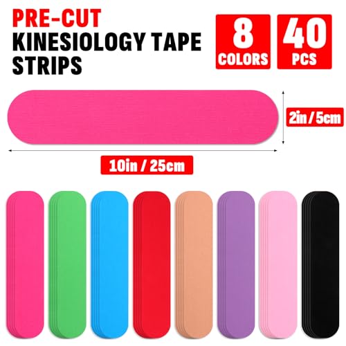 40 Pcs Precut Kinesiology Tape Strips - 8 Colors, 2" x 10"