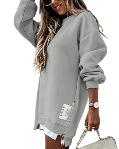 CHICME Women's Oversized Gray Crewneck Sweatshirt with Side Zipper Slit - Medium