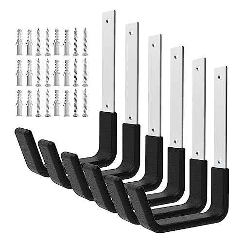 Heavy Duty Utility Hooks - Wall Mount, Hooks for Garage, Hose, Bike, Ladder, Leaf Blower Hanger (6 Medium)