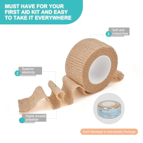 Self-Adhesive Bandage Wrap - 1 Inch x 5 Yards, 6 Pack - Beige Athletic Tape