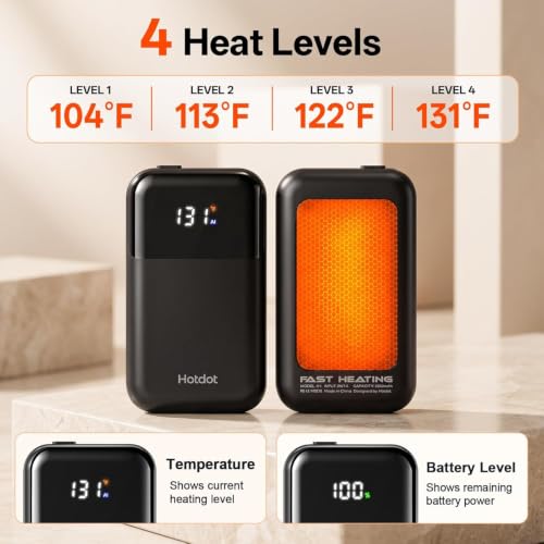 Hotdot Rechargeable Hand Warmer 2-Pack with LED Display, 4 Heat Levels