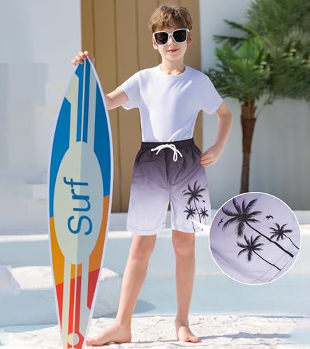Boys Quick-Dry Swim Trunks with Compression Liner - Black Palm Tree, 7 Years