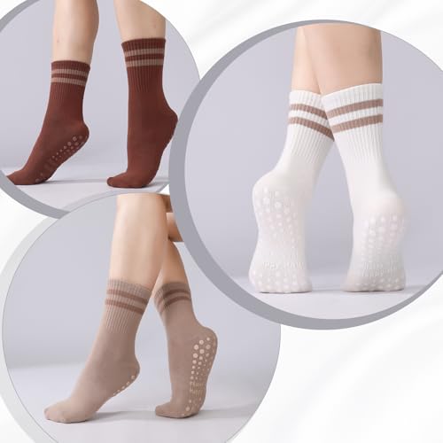 Non-Slip Pilates Grippy Socks for Women - One Size, 4 Pairs - Coffee, Brown, Khaki, White
