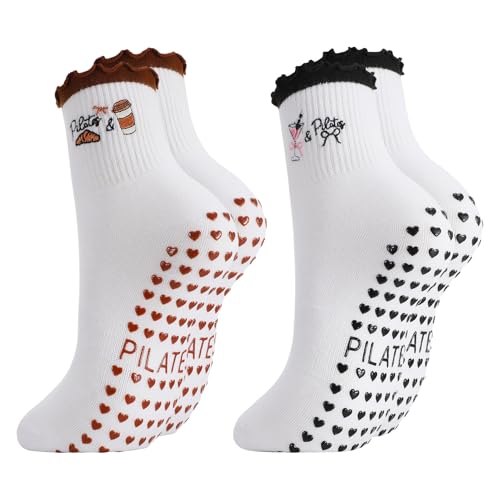 Womens Non-Slip Pilates Yoga Socks - Embroidery Grip Set - Brown, Black / 2