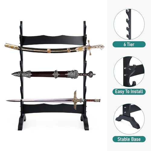 Lukar 6 Tier Wooden Sword Stand Classic Floor Display for Katana Samurai Wakasashi & Lightsaber
