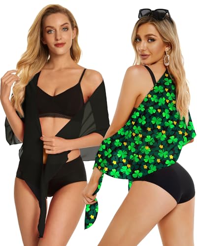 2-Piece Women's Sheer Beach Sarong Swimsuit Cover Up - Black & Green Clover