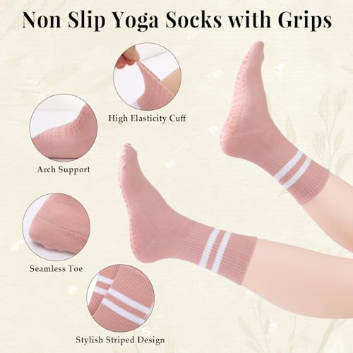 Striped Pilates Grip Socks for Women - 4 Pairs - White, Black, Pink, Gray