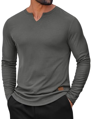 Men's Long Sleeve V-Neck Slim Fit Ribbed T-Shirt - Dark Grey, XX-Large