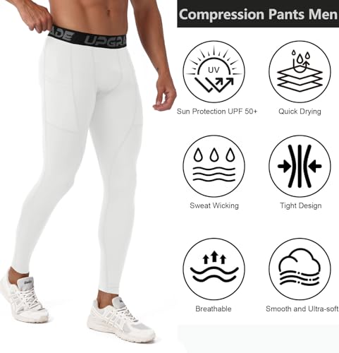 Men's Compression Pants - Quick Dry Athletic Leggings - White, Small