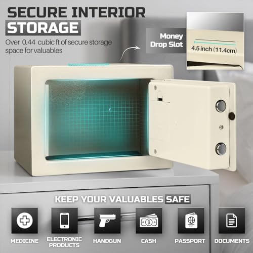 Flexzion Small Safe with Drop Slot - Electronic Drop Box for Money with Digital Combination Lock - Cash Safe for Cabinets, Home & Office Security (12"x8"x8"), White