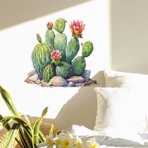 Cactus Succulent Cobblestone Wall Stickers, sacinora Tropical Green Plants Wall Decals Removable Vinyl Peel and Stick for Living Room Bedroom Kids Baby Nursery Art Decorations