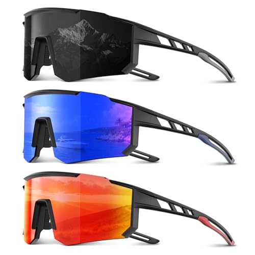 Polarized Sports Sunglasses - 3 Pack for Running, Cycling, Hiking - Grey, Red, Dark Blue