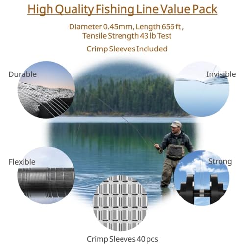 Clear Nylon Fishing Line 0.45mm 656ft - Strong Invisible Wire with Sleeves