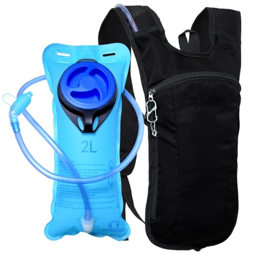 Hydration Backpack with 2L Bladder - Black Solid - Lightweight Water Pack for Festivals, Hiking, Running, Biking