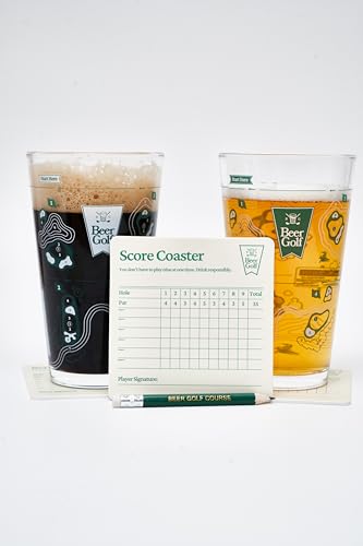 Beer Golf Drinking Game Set - 16 oz Pint Glasses & Coasters
